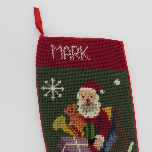 VTG Handmade Santa Reindeer Sleigh Needlepoint Christmas Stocking Mark Holiday - Picture 2 of 9